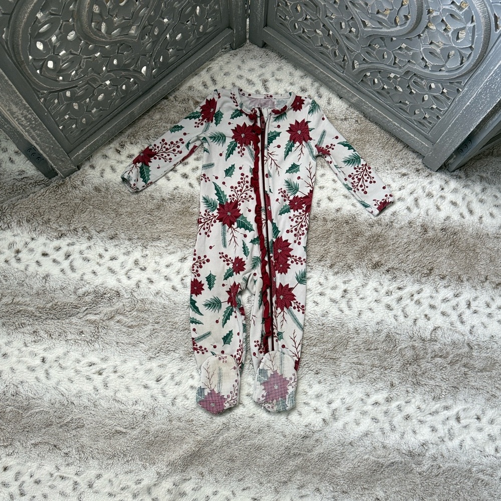 RuffleButts holiday footie pajamas baby girls 12-18 months Christmas poinsettia